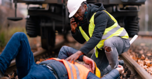 Railroad engineer injured in an accident at work on the railway tracks.