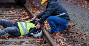 Railroad engineer injured in an accident at work on the railway tracks.